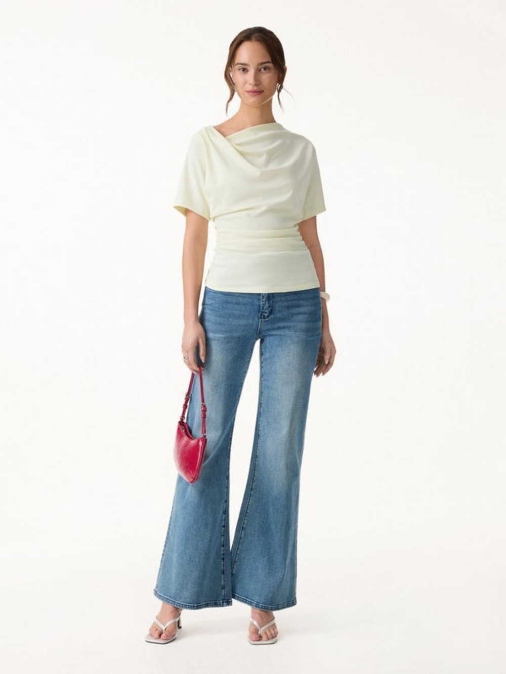 OGL Asymmetrical Cowl Neck Ruched Top In Ruby Red - Picture 6 of 10